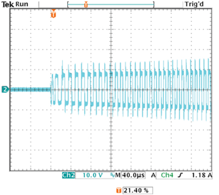Input voltage waveform to the MR16 board when powered by an LET75 at 120 VAC Input voltage waveform to the MR16